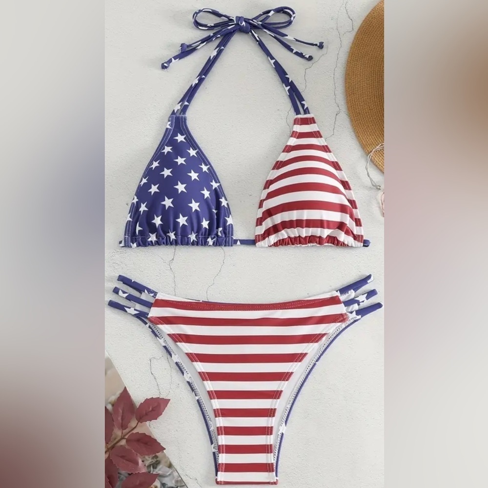 American Flag Stars Stripes Triangle Halter Bikini Set